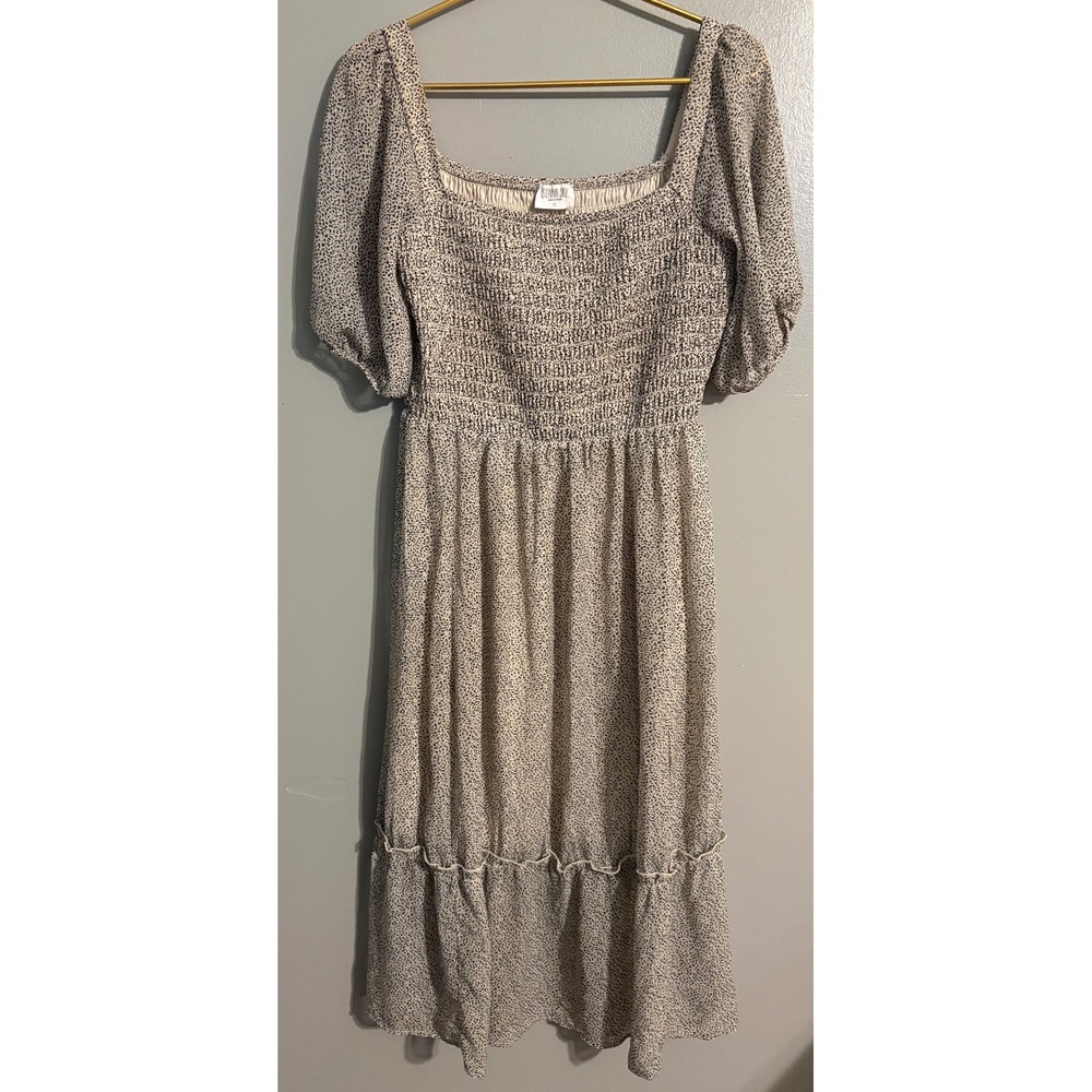 Sienna Sky Smocked Midi Dress XL Cream Black Micro Print Puff Sleeve 02CDR1011